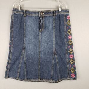 Y2K Bandolino Sz 12 Embroidered Pleated Jean Skirt Western Denim Coastal Cowgirl